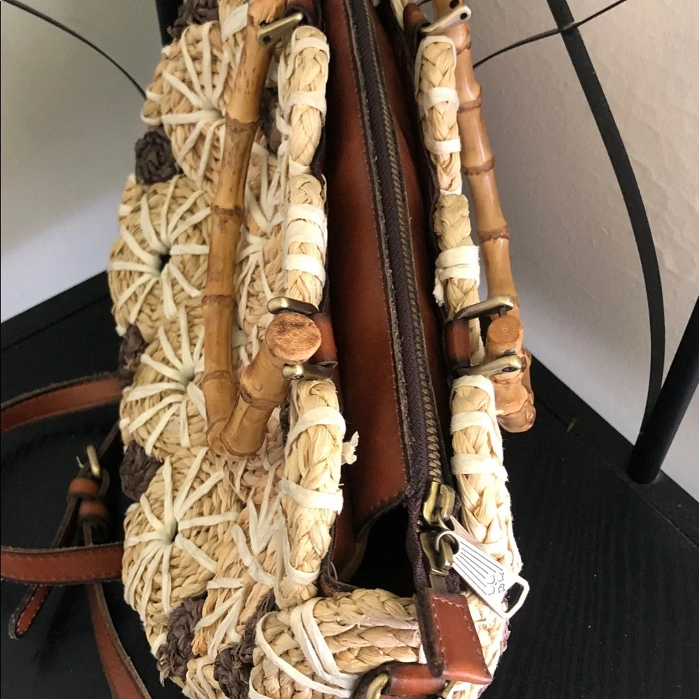 Patricia Nash rare Y2k palmarola satchel Woven Straw bamboo  - Cream & Brown
